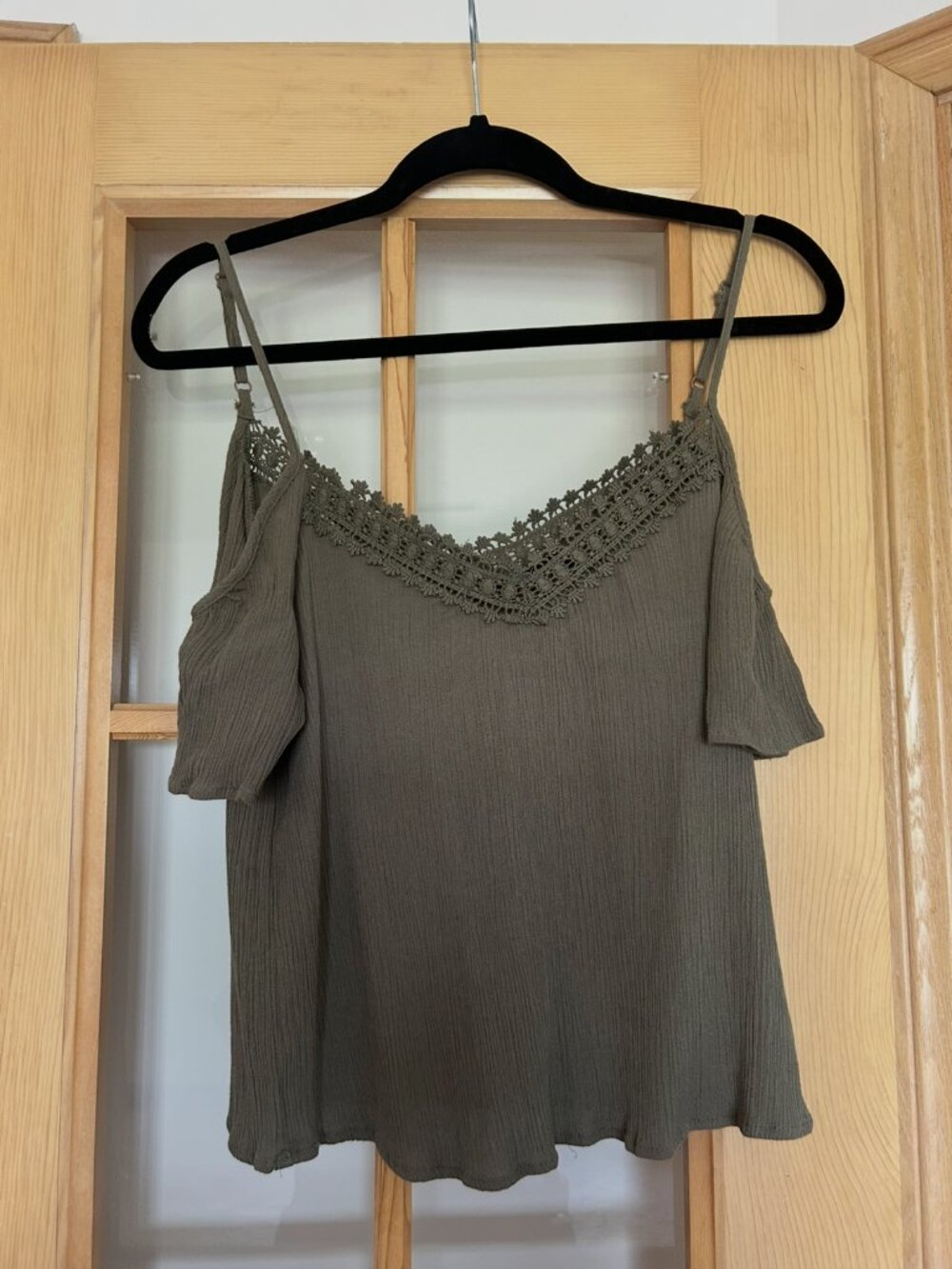 Ambiance Olive Green Cold Shoulder Lace Trim Top Medium